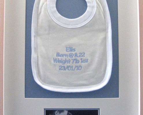 bespoke picture framing 3d objects children's bib